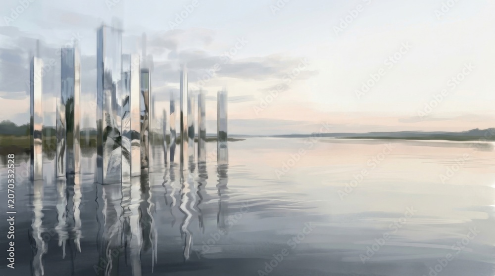 Obraz premium Tranquil Water Scene with Reflective Pillars at Dawn
