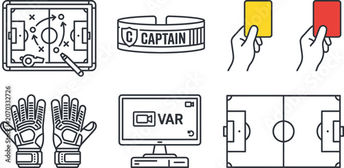 Football technical icons featuring strategy board captain armband penalty cards and var screen.