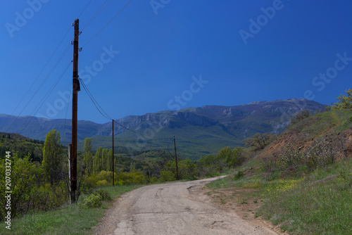A rural Crimean landscape in spring with the plateau of Demerdji in the background