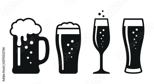 Obraz na plátně Assorted beer glasses with foam black silhouette on white background
