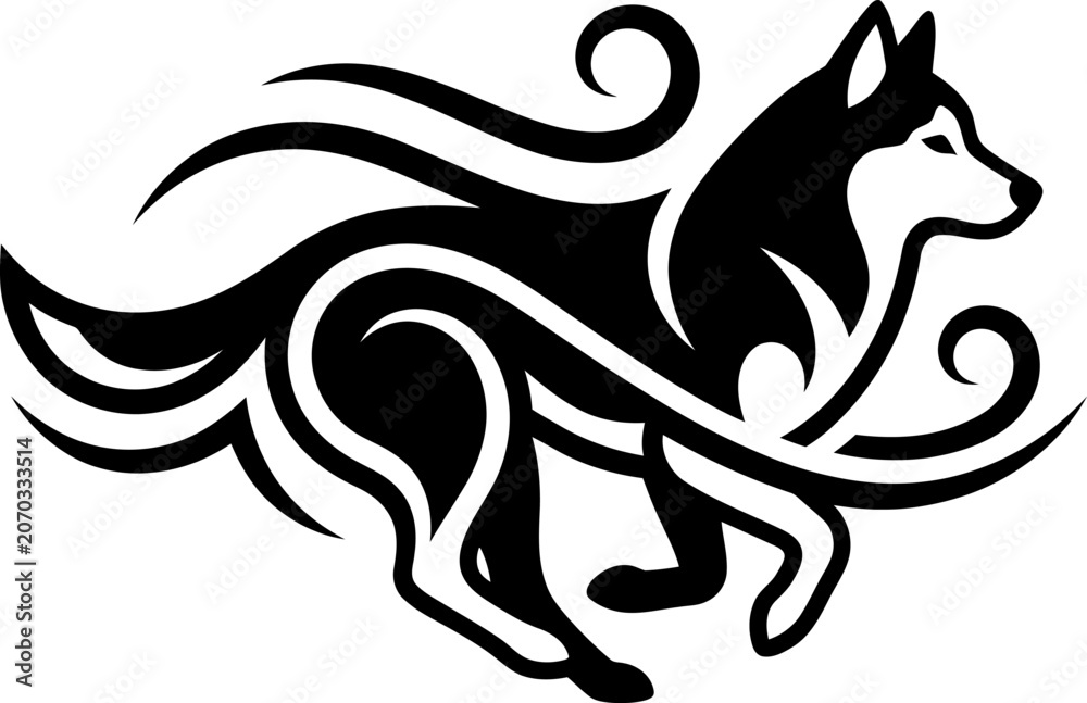 Obraz premium Running husky dog tribal design in dynamic motion against white background vector silhouette