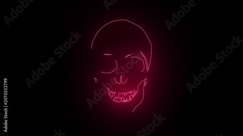 Red, neon skull of lines on a black background. 4K