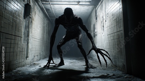 Dark, emaciated horror creature in a dirty, abandoned hallway. Scary nightmare scene with a monstrous figure