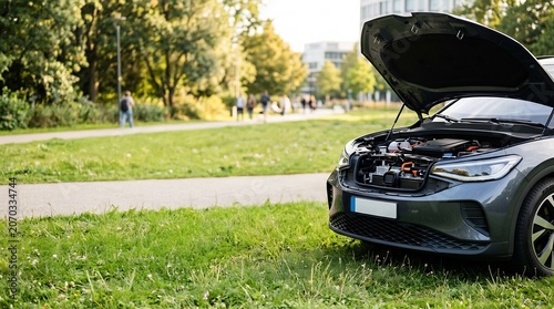Broken car engine bathed in warm daylight