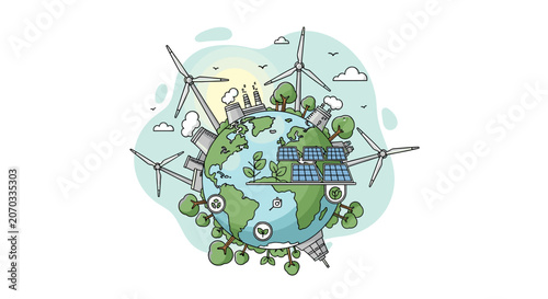 Fotografie Illustration showing a sustainable planet earth with renewable energy sources like wind turbines and solar panels