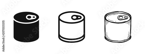 Fotografija Tin can food icon set, metal container, silhouette, outline, and sketch style