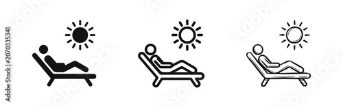 Konstfotografi Person sunbathing on lounge chair icon set, summer vacation, silhouette, outline