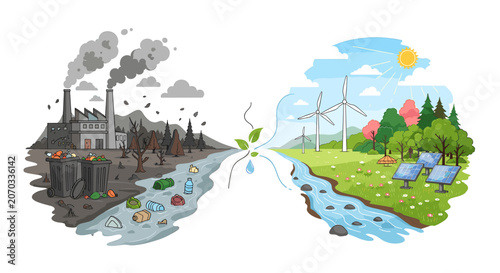 Fotografie Comparison between polluted industrial landscape and clean sustainable environment with renewable energy sources
