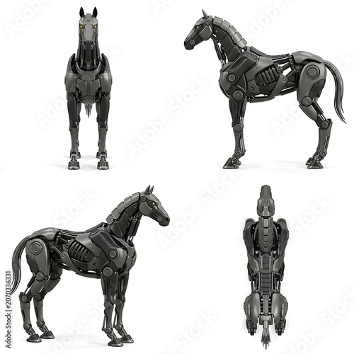 Mechanical robot horse four dynamic poses set with sci fi mechanical futuristic technology