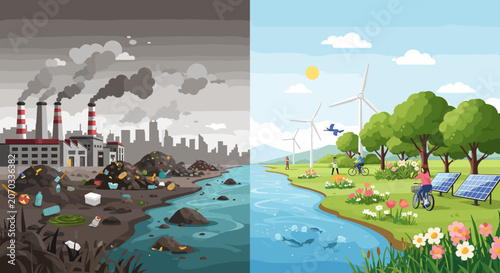 Bild auf Leinwand Comparison illustration showing polluted industrial landscape versus clean renewable energy environment