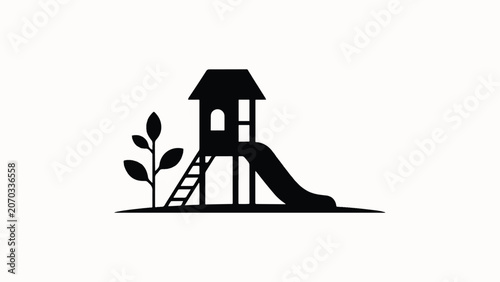 black silhouette of a playground with a slide and a tree