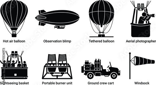 Fotografie Hot Air Balloon and Airship Silhouette Vector Set with Aviation Equipment