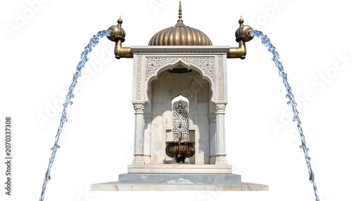 A stone-carved structure with a golden dome and water flowing from ornate spouts, creating an arc