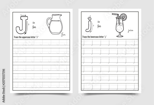 Alphabet letter j handwriting practice worksheet for preschool and kindergarten education with alphabet handwriting practice worksheet