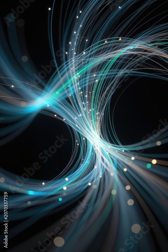 Abstract swirling light trails with small glowing dots against a dark background. Use: technology website, science presentation, digital art.