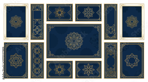 Ornate Blue & Gold Decorative Borders with Mandala and Geometric Patterns