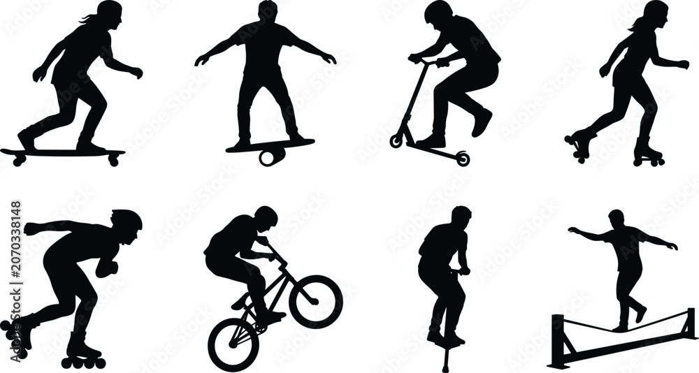 Naklejka premium Extreme Sports Silhouette Collection with Skateboard BMX Scooter Roller Skating and Balance Activities