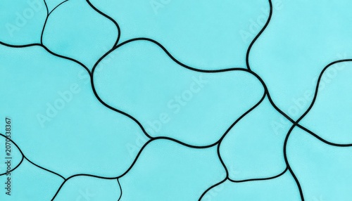 Abstract organic shapes divided by thin black lines on a textured cyan background. Use: graphic design, textile pattern, background.