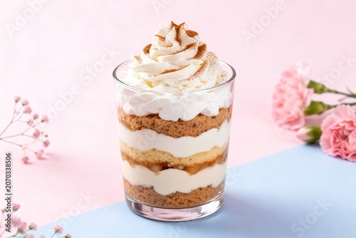 Layered Dessert in Glass with Whipped Cream and Pink Flowers