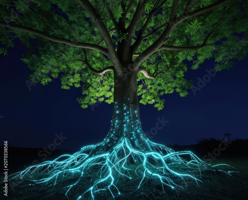 Tree with glowing luminous roots against a dark night sky, retro vintage aesthetic. Use: nature poster, fantasy art, science concept.