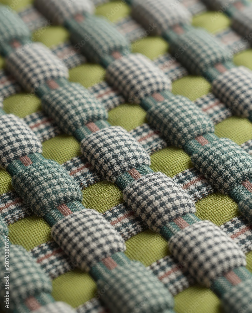 Naklejka premium Close-up of woven fabric with houndstooth and solid green textures, retro aesthetic. Use: home decor, textile design, fashion inspiration.