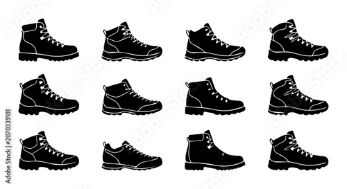 Hiking Boots Vector Icons, Outdoor Footwear Set, Trekking Shoes Collection, Black Silhouette Graphics