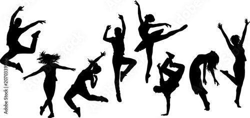 Black silhouettes of people jumping and dancing
