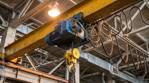 A photorealistic close-up of a heavy-duty industrial overhead crane system, featuring a blue electric hoist motor, yellow pulley block, and steel lifting chains inside a factory.