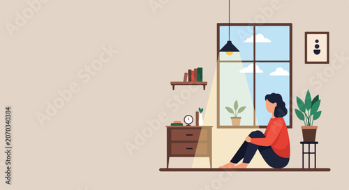 Schilderij op canvas A contemplative woman sits on the floor of a cozy minimalist room, gazing out of a large window under the warm glow of a single hanging lamp