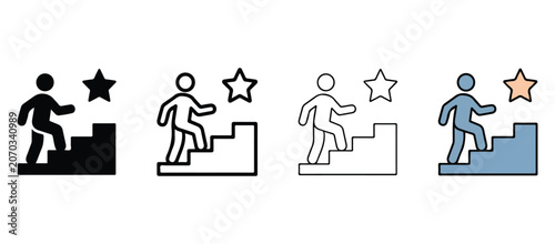Принти на полотні Four stick figures climbing stairs to reach a star symbol representing success a