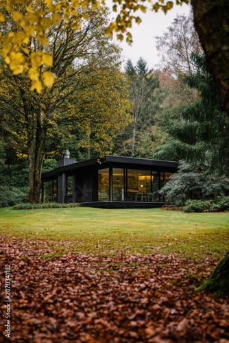 House in the woods surrounded by trees and autumn leaves, with a green lawn and a cloudy sky in the background on a cool fall day
