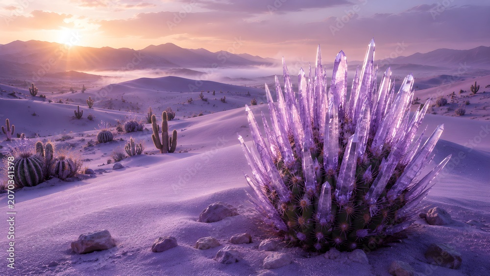 Fototapeta premium Surreal amethyst crystal cactus in a desert landscape at sunrise.