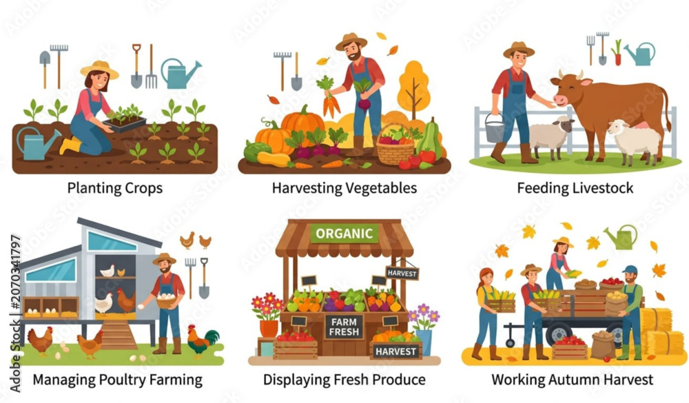 Fototapeta premium Agriculture and farming activities flat vector illustration set