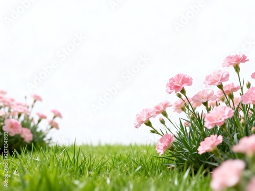 Pink Carnations in Green Grass with Soft Focus