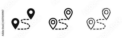 Photos Map location pins with route path icon set, navigation and destination symbol