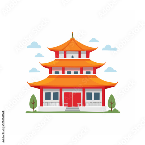 Flat design illustration of a traditional orange pagoda building