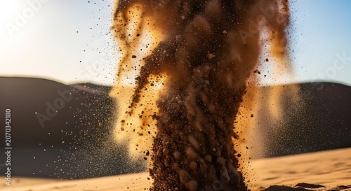 Dust cloud exploding mid air with sunlight and sand dunes background