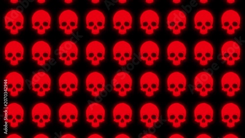 Background of moving red, neon skulls on a black background. 4K