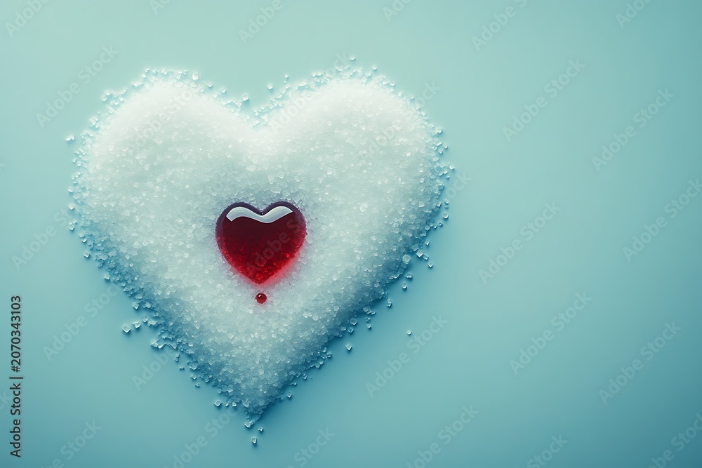Fototapeta premium A red heart shape made of liquid placed on a bed of white sugar crystals