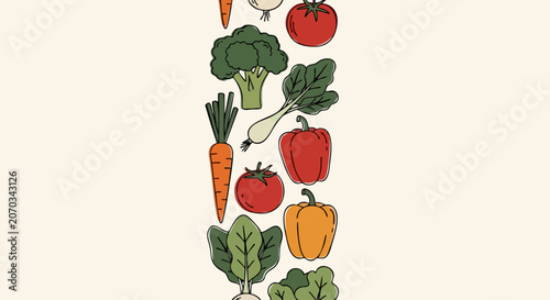 Seamless vertical border pattern of fresh organic vegetables.