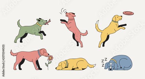 Set of cute colorful cartoon dogs in various daily activities.