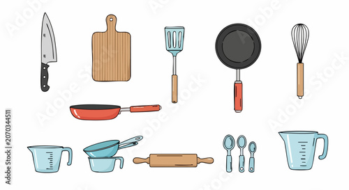 Set of hand drawn kitchen tools and cooking utensils.