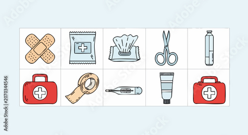 Set of hand drawn first aid kit medical equipment icons.