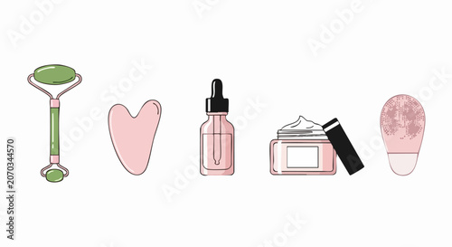 Set of skincare products and beauty tools.