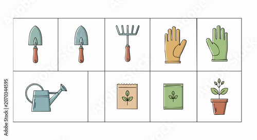 Set of gardening tools and equipment illustrations.