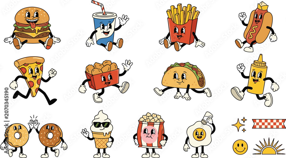 Obraz premium Cute Fast Food Cartoon Character Collection with Burger Fries Pizza Taco and Kawaii Mascot Illustration