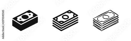 Schilderij op canvas Set of cash money stack icons in solid, outline, and sketch styles