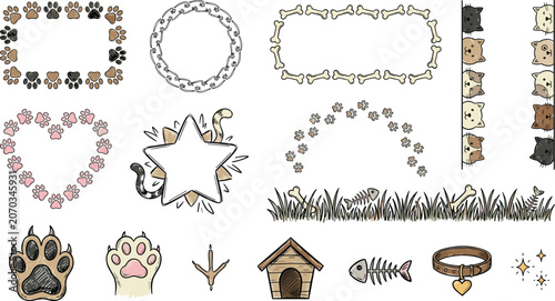 Fotografie Cute pet themed doodle elements collection with paw prints frames borders and ca