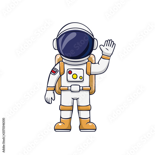 Cartoon astronaut in space suit waving