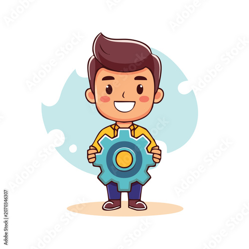 Cartoon boy holding a blue gear